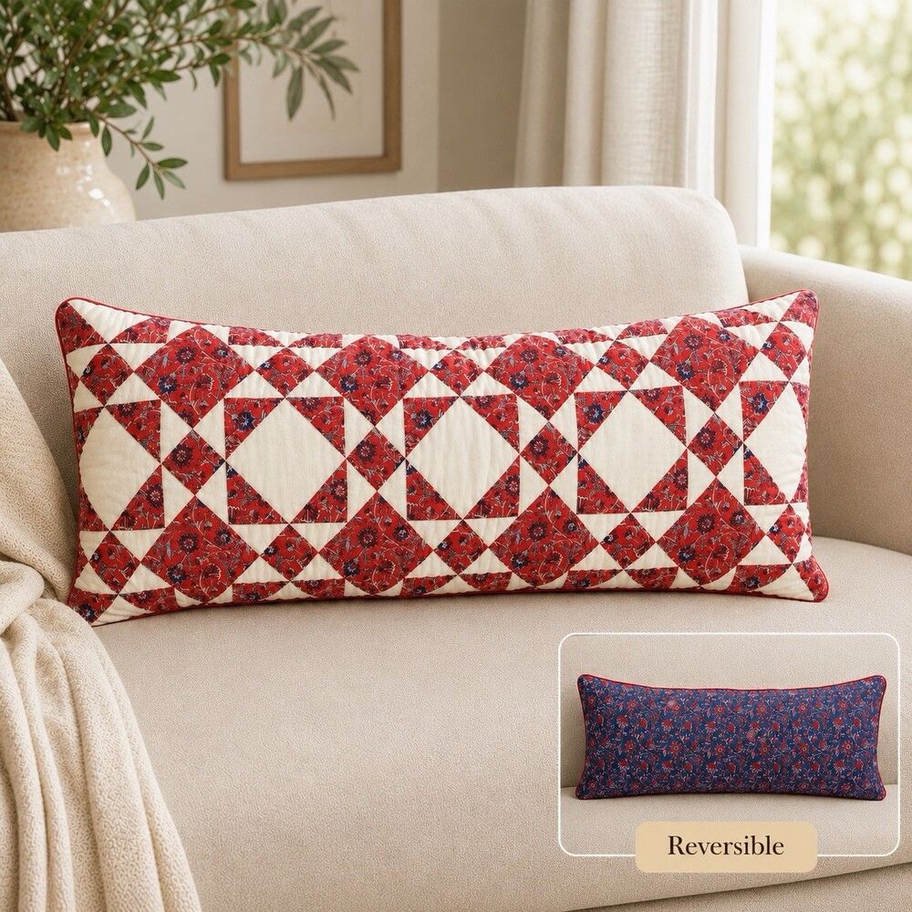 Threshold Reversible Patchwork Quilted Lumbar Pillow Red Blue Floral 14x36